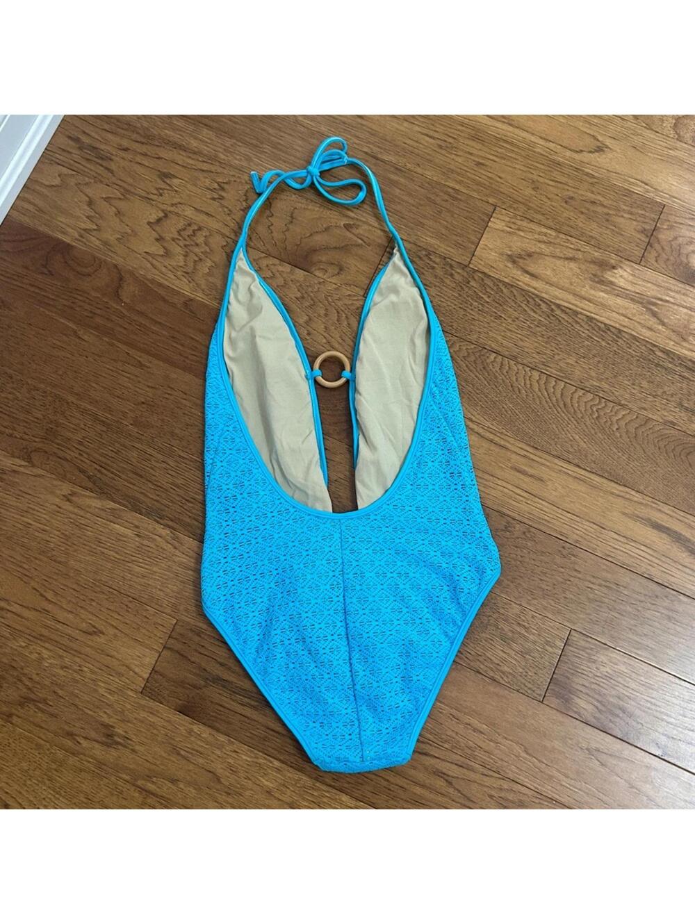 NEW Victoria's Secret Blue One-Piece Crochet Plunging Swimsuit, size medium - Picture 2 of 3